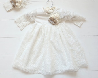 Shabby Chic Lace Christening Dress, Girls Baptism Gown, Country Christening Dress, Rustic Baby Dress, Baptism Dress, Lace Baptism Dress