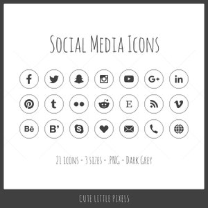 Social Media Icons - 21 icons in 3 sizes, PNG files, dark gray, outline style with solid icon