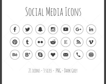 Social Media Icons - 21 icons in 3 sizes, PNG files, dark gray, outline style with solid icon