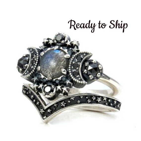 Ready to Ship Size 6-8 Labradorite Cosmos Engagement Ring Set - Triple Moon Goddess Silver Ring - Sterling Silver