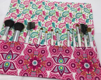 MakeUp Brush Holder Grey Makeup Brush Roll Pink Makeup Brush Organizer Makeup Brush Bag - Makeup Brush Case Bloom Henna Blossom in Pink