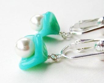 Aqua Tulip Pearl Clip-on Earrings, Silver Ear Clips, Light Blue Glass Flower Clipons, White Pearl Lightweight Dangle Clips, Sheila Pearl