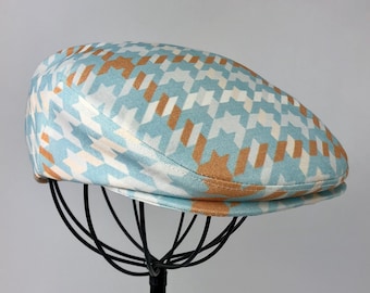 Glen Plaid Blue Tan Houndstooth Print Cotton Canvas Jeff Cap, Ivy Cap, Driving Cap for Men, Women, and Children