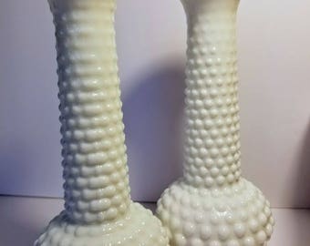 Set of 2 Hobnail Milk Glass Vases, Set of Vintage Vases, Milk Glass Vases, Milk Glass