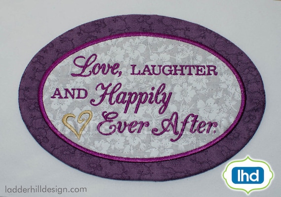 ITH Mug Rug Embroidery Design - Love Laughter and Happily Ever After ... ITH Mug Rug Embroidery Design - Love Laughter and Happily Ever After ...