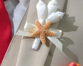Beach Wedding Seashell and Starfish Boutonniere with 24 Ribbon Choices - Lapel Pin Nautical Coastal