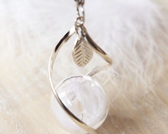 Real white feather necklace Glass globe pendant Terrarium pendant Boho jewelry Bohemian necklace Angel wing necklace Birds feather necklace