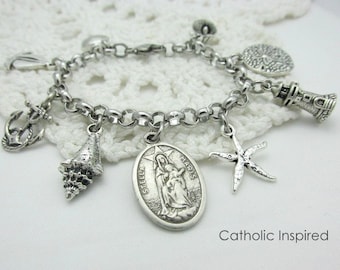 Stella Maris Charm Bracelet Our Lady Star of the Sea - Blessed Mother Medal Ocean Beach Lighthouse Anchor Catholic Jewelry Stainless Steel