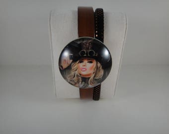 Top quality: 2 genuine leather Bracelet Brown strands and glitters with snap chunk interchangeable glass 30mm