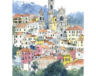 Watercolor of Cervo, painting of a 'little city of character', illustration italian village, colorful houses painting, colored architecture