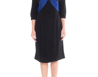 1950s Black Silk Dress With Blue Silk Pleating Size: S