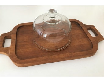 Vintage 1970's teak wood tray with glass dome