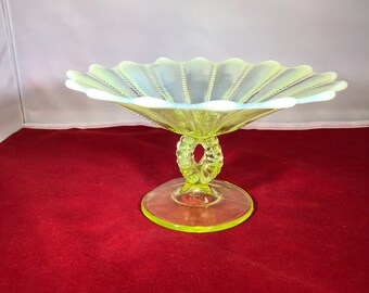 Vintage-Vaseline-Opalescent-Glass-Candy Dish-Pedestal-Yellow-Green-White-Home Decor-Glassware