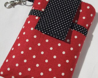 cell phone sleeve cover pouch, cell phone case, smart phone sleeve case - Red White Dot