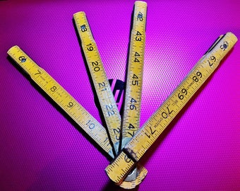 Vintage Stanley Bell System Yellow Wood Fold Out Zig Zag Ruler 72 Inch Brass Hardware - Made in USA