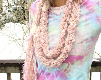 hand knit super soft art yarn extra long loop flower scarf - a lighter shade of pale party scarf