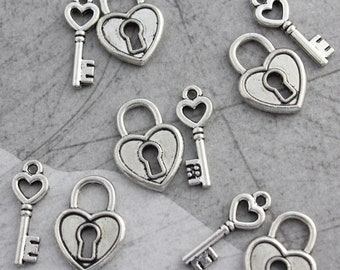5 Set Antique Silver Vintage Style Heart Lock & Key Charms