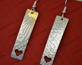 Sterling silver textured earrings with hand sawn hearts