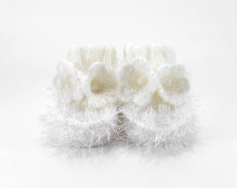 Hand Knitted Baby Booties with Crochet Bell Flowers - Snow White, 0 - 3 months