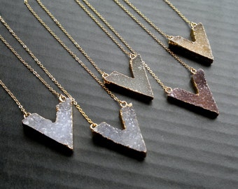 Druzy Necklace Druzy Chevron Necklace Gold Edged Druzy Natural Color Druzy Jewelry Stone Necklace Chevron Jewelry Gold Boho Jewelry Stone
