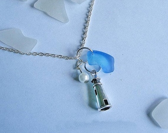Lighthouse necklace. Blue beach glass necklace - Sea glass necklace seaglass jewelry.
