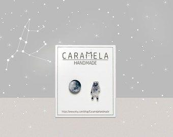 Moon and astronaut Moon stud earrings Astronaut stud earrings NASA's Moonwalking Apollo Astronauts Geek Nerd earrings Geek jewelry Gift idea