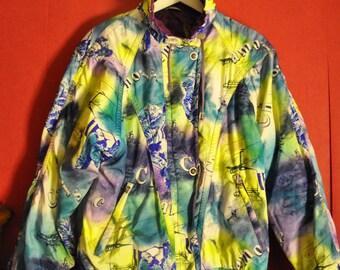 Vintage 80s JAcket SkiJacket Patterned Novelty Print Multicolor Puffy Jacket Size S small