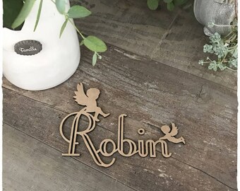Prénom en bois brut avec décoration Anges Hauteur 13cm épaisseur du bois 3mm