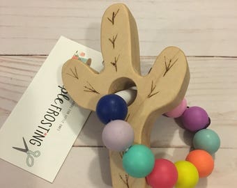 Rainbow Cactus Silicone and Wood Teether, Teething Toy