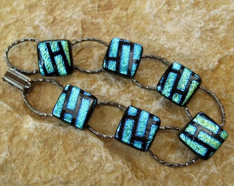 Blue Glass Bracelet, Fused Glass Link Bracelet Dichroic Fused Glass Link Bracelet - Turquoise Blue Bricks