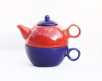 Teapot and Cup set, Colored Teapot and Cup, Three Piece Teapot Set, Red Teapot and Blue Cup, Two in One Teapot and Cup set