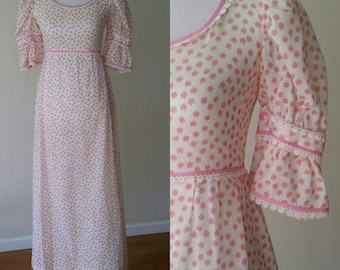 70's maxi dress, S, M, polka dot dress, pink dress, prairie dress, vintage prom dress, bridesmaid dress, vintage 70s