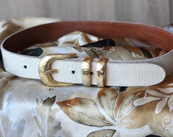 Leather Belt Women White Vintage Gold Buckle
