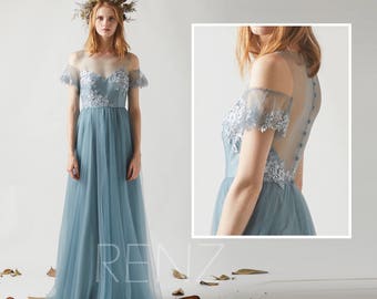 Bridesmaid Dress Dusty Blue Tulle Dress,Illusion Boat Neck Maxi Dress,Lace Applique Off Shoulder A Line Evening Dress Wedding Dress(LS362)