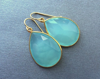 Large Aqua Chalcedony Drop Gold Earring, Teardrop, Large Aqua Mint Chalcedony Earring,