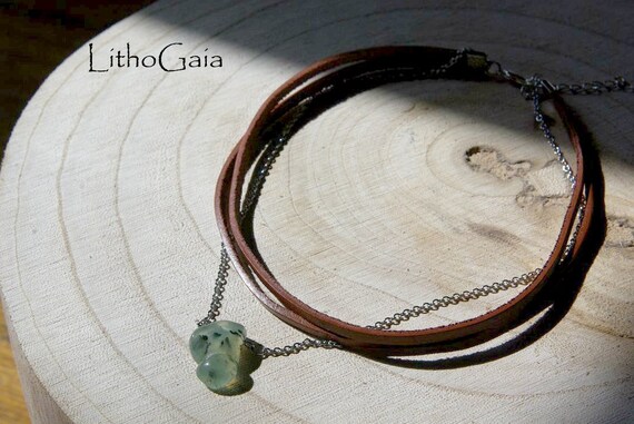 Prehnite Necklace, Leather Choker & Stainless Steel, Free Nickel, Protection Stone, Prehnite Jewelry, Crystal Necklaces, Gift for Her