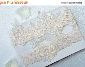 ON SALE Wedding Garter Set, Bridal Garter Set, Garter, Ivory Lace Garter, Alencon Garter Belt, Style -G 50575