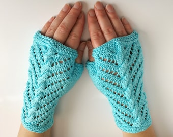 Fingerless gloves, half mitts, cotton. Vegan. Light blue arm warmers, texting gloves