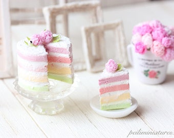 Miniature Food - Dollhouse Pastel Rainbow Cake with Peonies 1/12 Scale