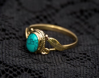 TURQUOISE LEAF GOLD ring indian tribal ethnic bohemian jewelry stacking midi knuckle small feather ring brass gold tone boho BR15T