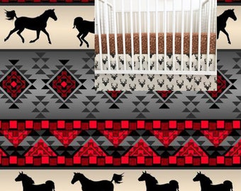 Red Black Crib Skirt Dream Catcher Horses Straight Crib Skirt Aztec Skirt Tribal Tucson Crib Skirt Boy Crib Bedding Skirt Woodland Nursery