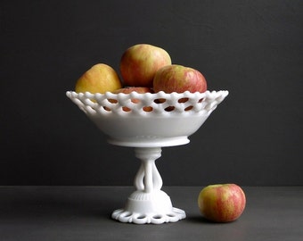 Westmoreland Milk Glass Pedestal Fruit Bowl -- Doric Pattern -- White Footed Bowl