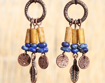 Boho Earrings Bohemian Earrings Boho Jewelry Chic Copper Earrings Chandelier Earrings Lapis Earrings Ethnic Hippie Gypsy Gift for her