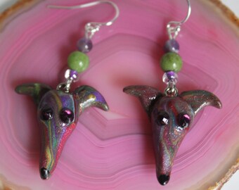 Greyhound Whippet Clay Sterling Silver Wire Earrings with Gemstone Beads (Amethyst and Jasper)