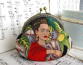 Coin purse clutch with Frida Kahlo, kiss lock purse