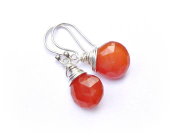 Carnelian Sterling Silver Wire Wrapped Earrings Gemstone Briolette Teardrop Earrings
