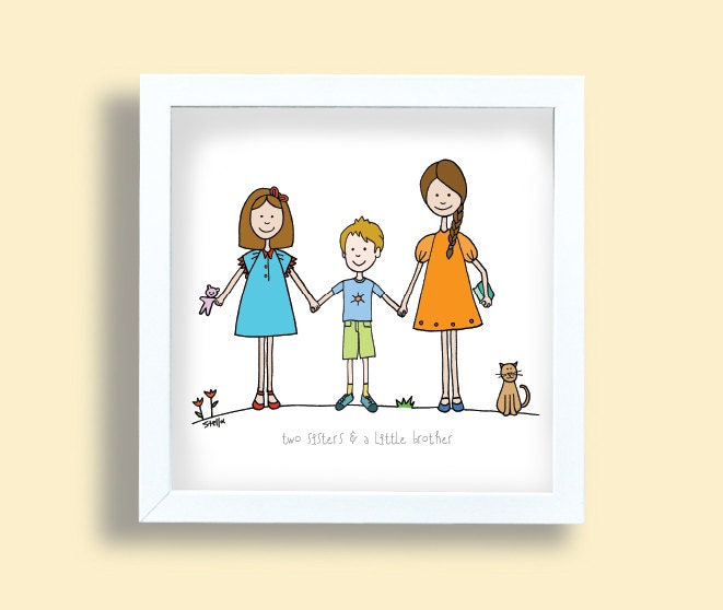 Two sisters and a brother art print little brother drawing