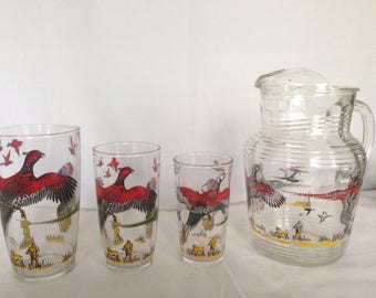 Pheasant Pitcher and Glasses Hazel Atlas