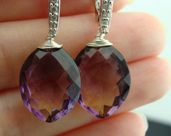 Purple Yellow Ametrine Large Stone 925 Sterling Silver Leverback Earrings