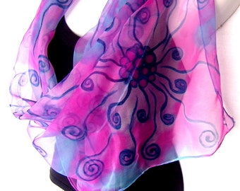 Hand Painted Silk Scarf, Aqua Blue Pink Medium Blue, Abstract Swirls, Silk Chiffon Scarf, Gift For Her, Gift Under 50